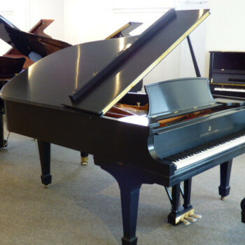 Steinway Model A3 grand piano in ebony satin, shot from the side